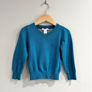 Jacadi Toddler Sweater Girls 2A Cotton Wool Teal V-Neck Knit Preppy Cute